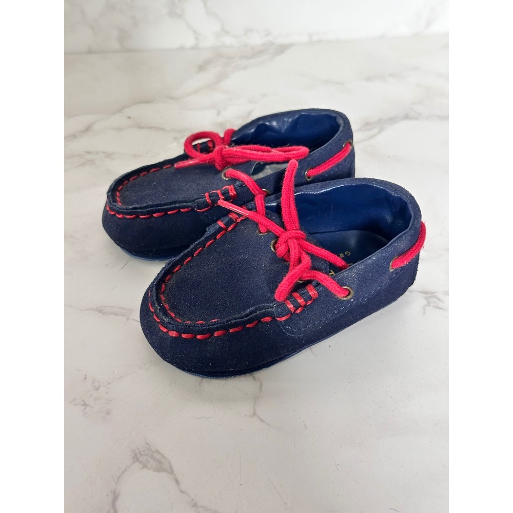 Cole Haan Grand.OS Blue Suede Baby Moccasins Red Laces Size 2 Infant